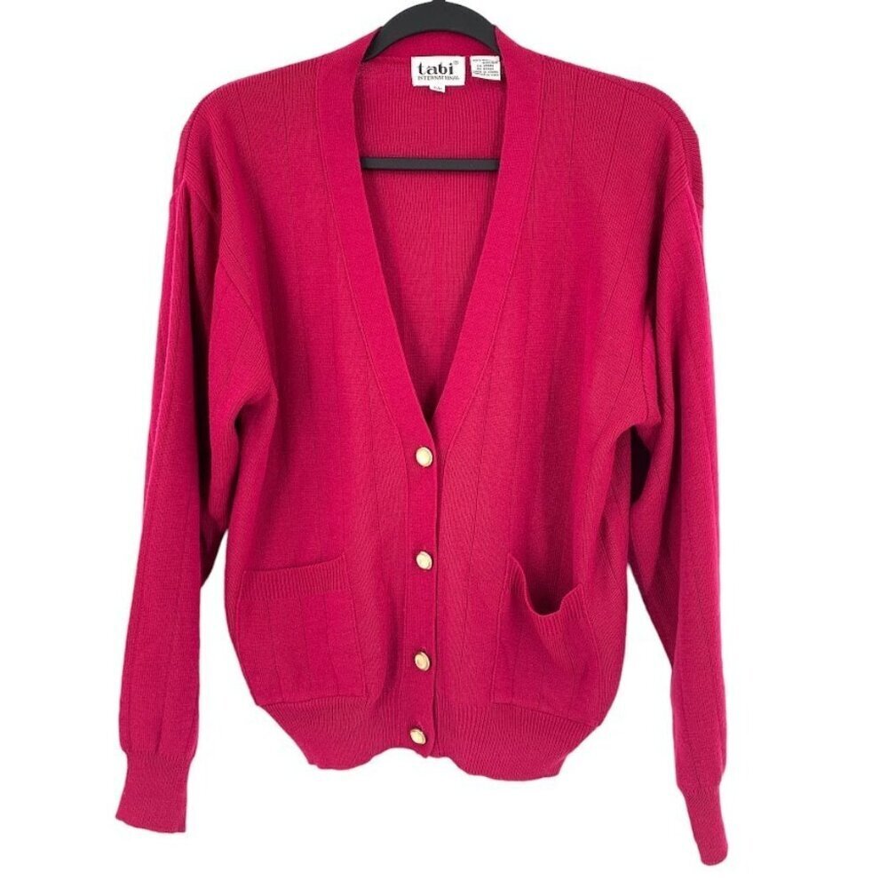 Tabi Womens Knit Cardigan Size S Pink Magenta Pockets V Neck Classic Grannycore